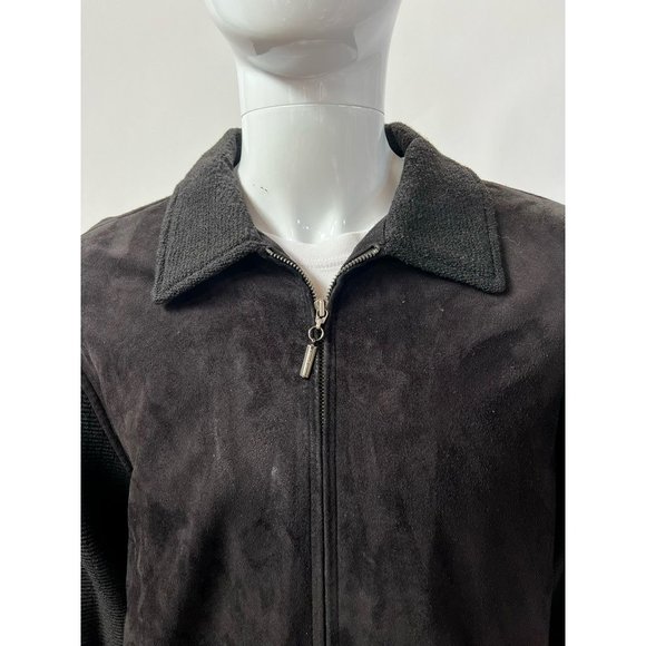 Jhane Barnes Mens Sweater Coat Black Pockets Collared Front Zipper Leather 42 - Picture 7 of 12